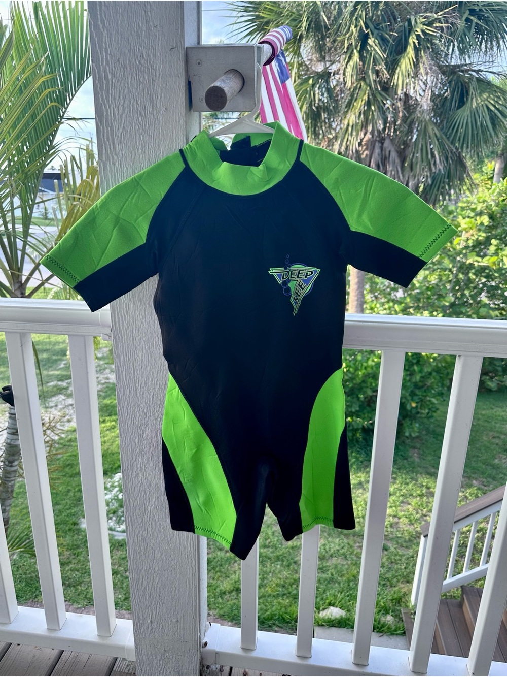 Kids Black & Neon Green Shorty Rashguard Wetsuit Girl or Boy XL